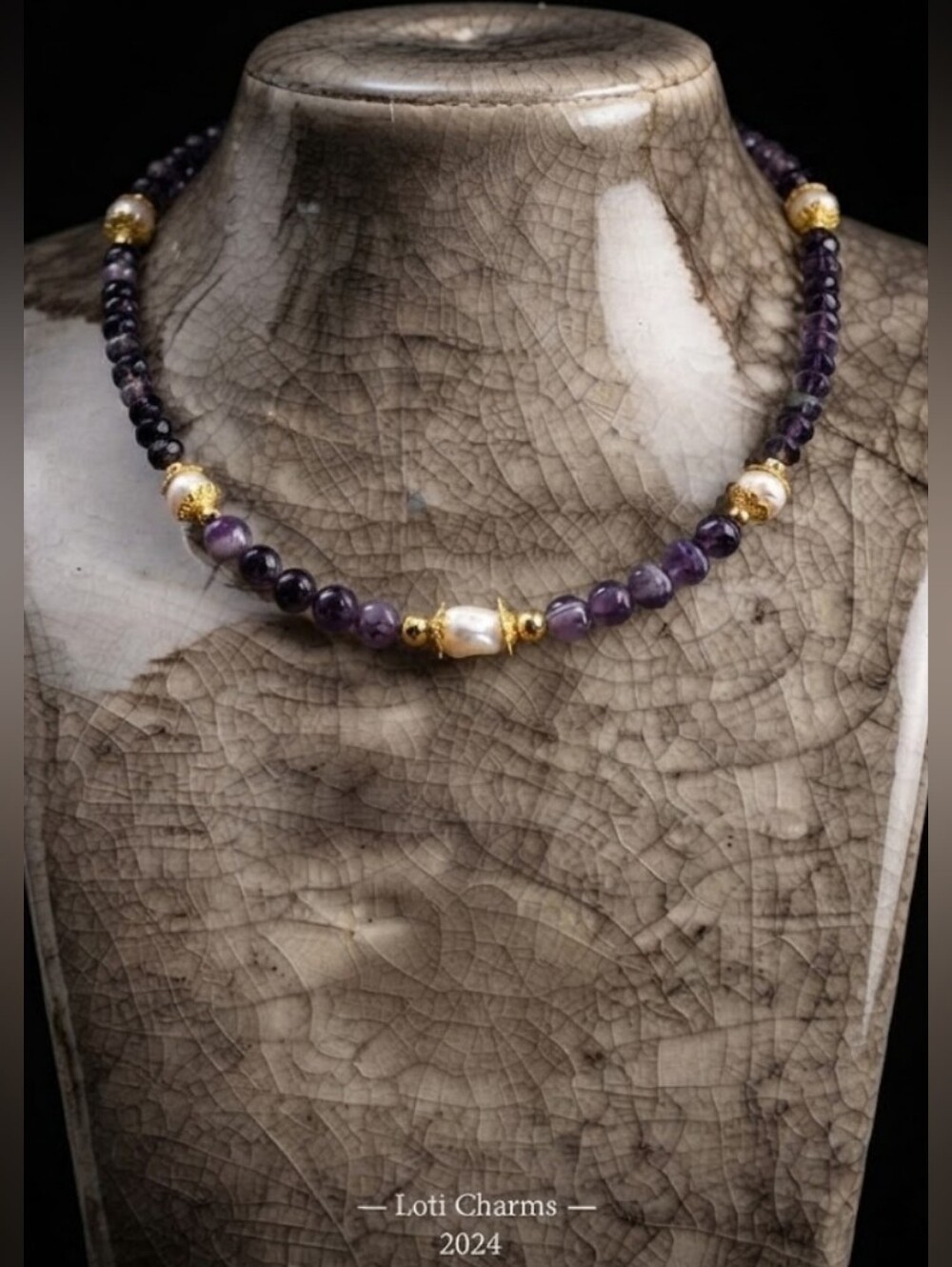 Purple Amethyst & Purple Glass Beads W/ Freshwater Pearls In GP Necklace